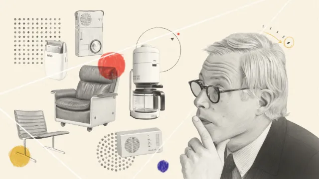 Portrait of Dieter Rams with Braun and Vitsoe product designs by Dena Cooper