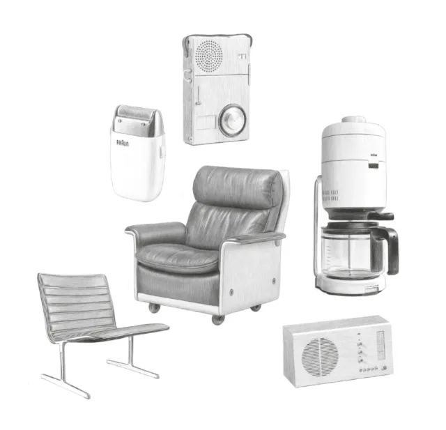 Illustration of Braun and Vitsoe designed items by Dena Cooper