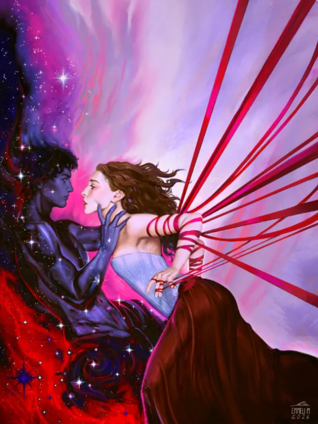 Digital fantasy artwork of celestial couple bound by red ribbons by Emmeli Markegård