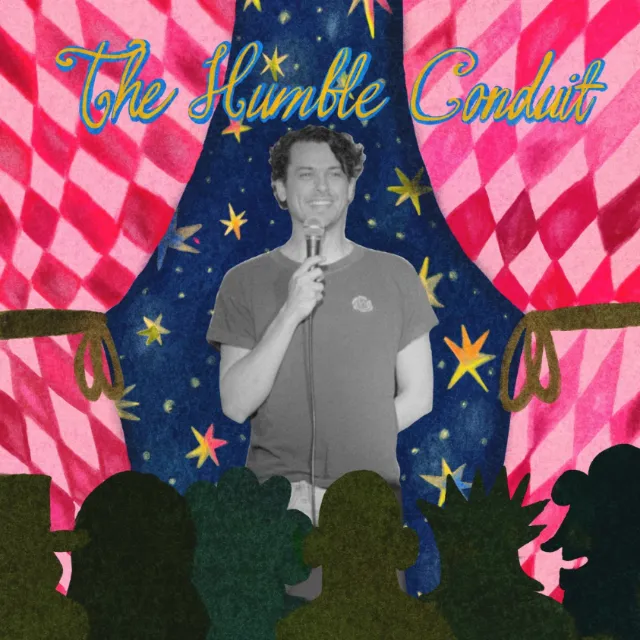 Comedian Jonah Eggleston on stage with colorful curtains, artwork by Ollie Wootton