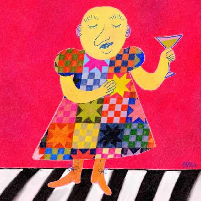 Colorful abstract figure with patchwork dress holding a cocktail glass by Ollie Wootton