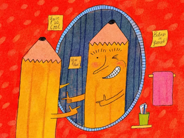 Illustration of two pencils interacting at a mirror by Ollie Wootton