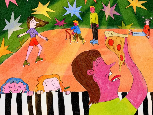 Colorful roller rink with skaters and people eating pizza by Ollie Wootton