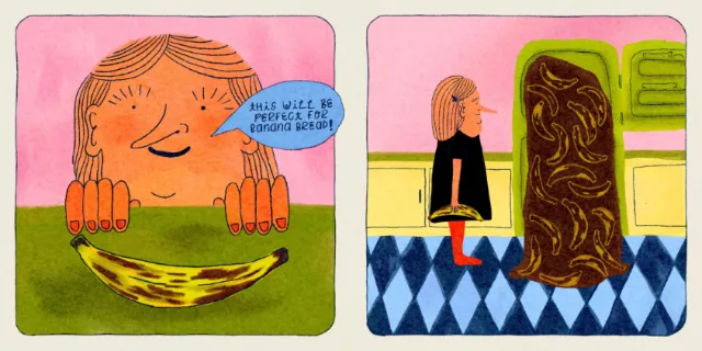 Comic panels showing girl with banana and sitting by statue, by Ollie Wootton