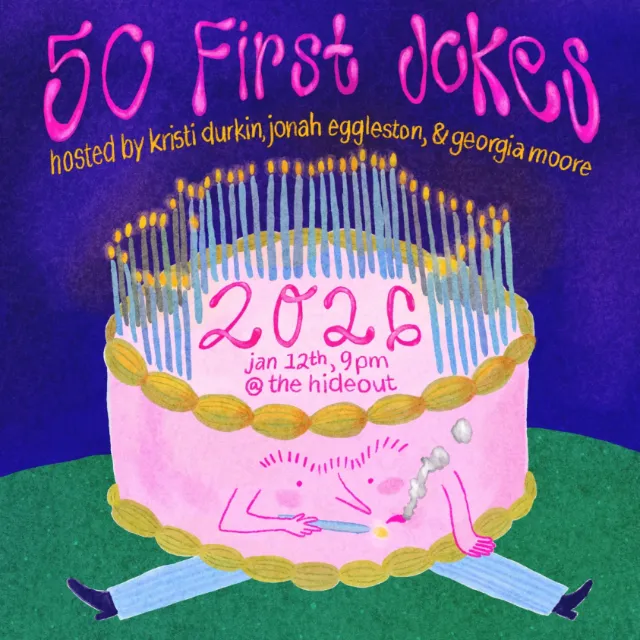 50 First Jokes 2026 event poster with cartoon cake and candles by Ollie Wootton