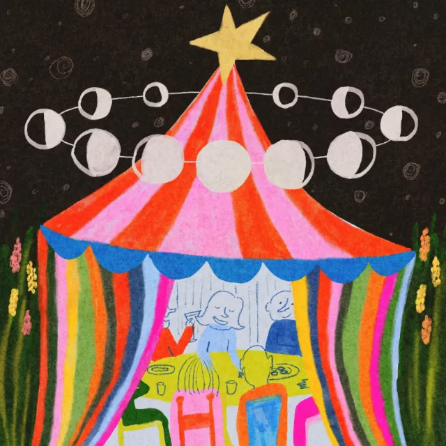 Colorful carnival tent with star top and moon phases, illustration by Ollie Wootton