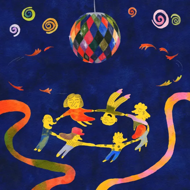Illustration of children dancing in a circle under a colorful disco ball by Ollie Wootton
