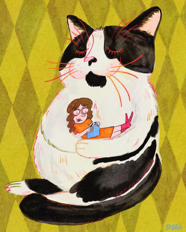 Illustration of a woman hugging a giant black and white cat by Ollie Wootton
