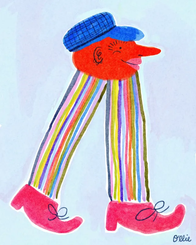 Abstract portrait with red face and striped pants by Ollie Wootton