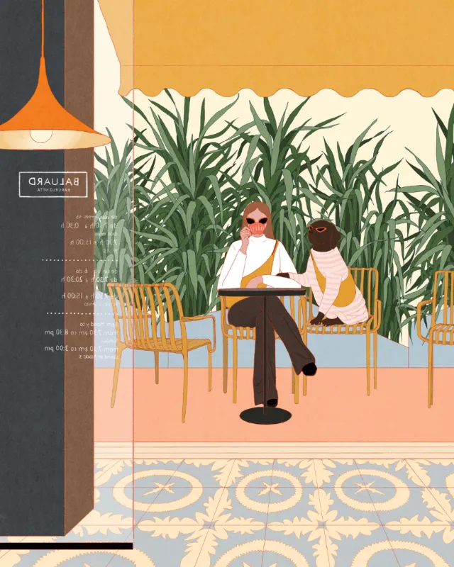 Woman and dog sitting at outdoor café with plants and awning by Leah Han