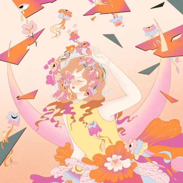 Dreamlike girl with flowers and abstract shapes by Leah Han
