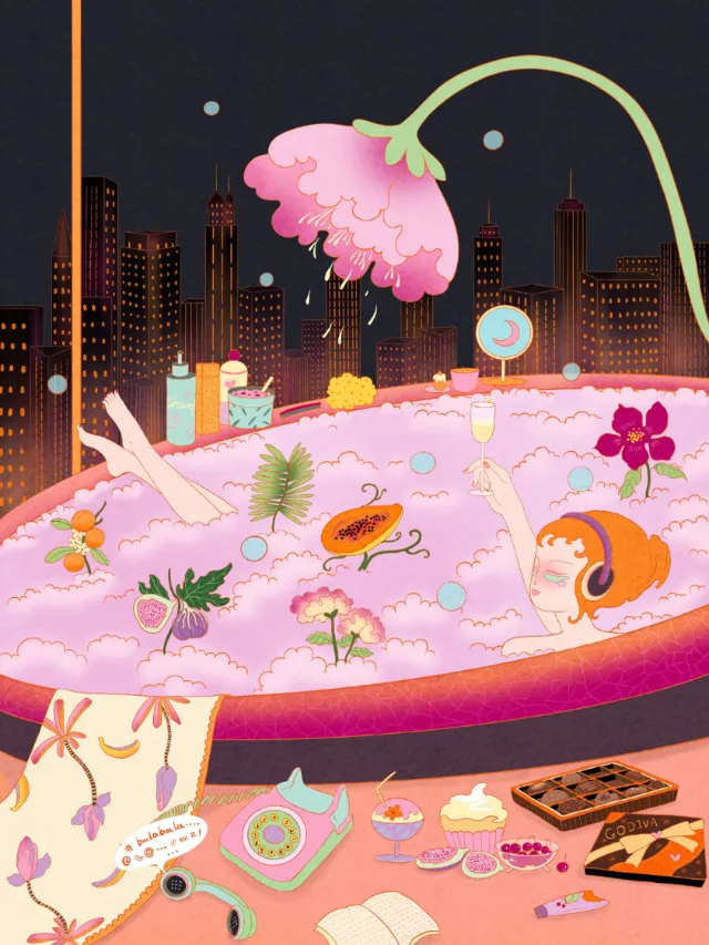 Woman in flower-filled bath with city skyline at night by Leah Han