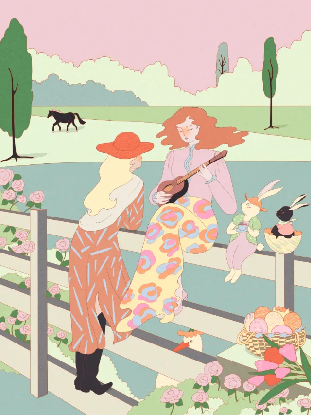 Illustration of two women sitting on fence with rabbits and flowers by Leah Han