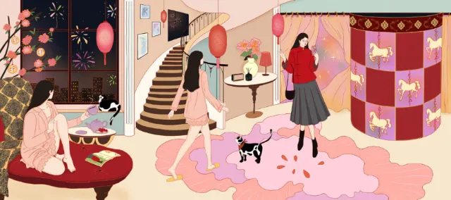 Indoor scene with three women and cats, warm decor and pink carpet by Leah Han