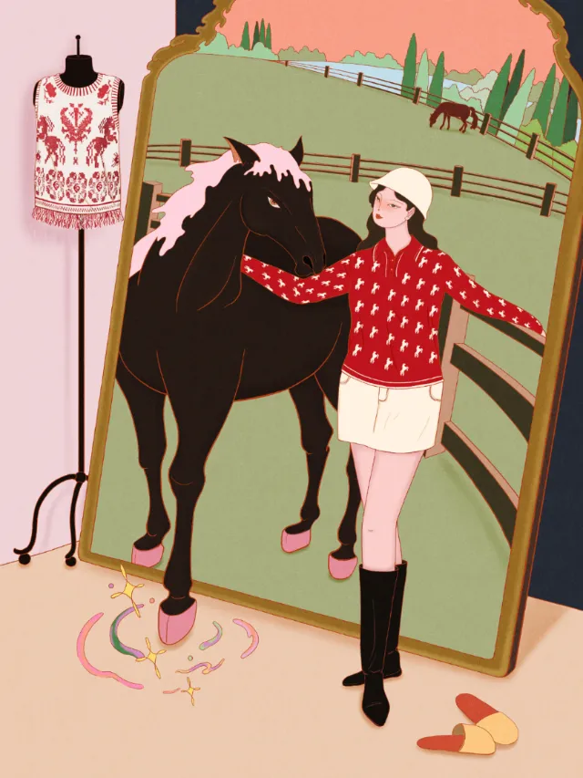 Woman in riding outfit petting black horse near mirror by Leah Han