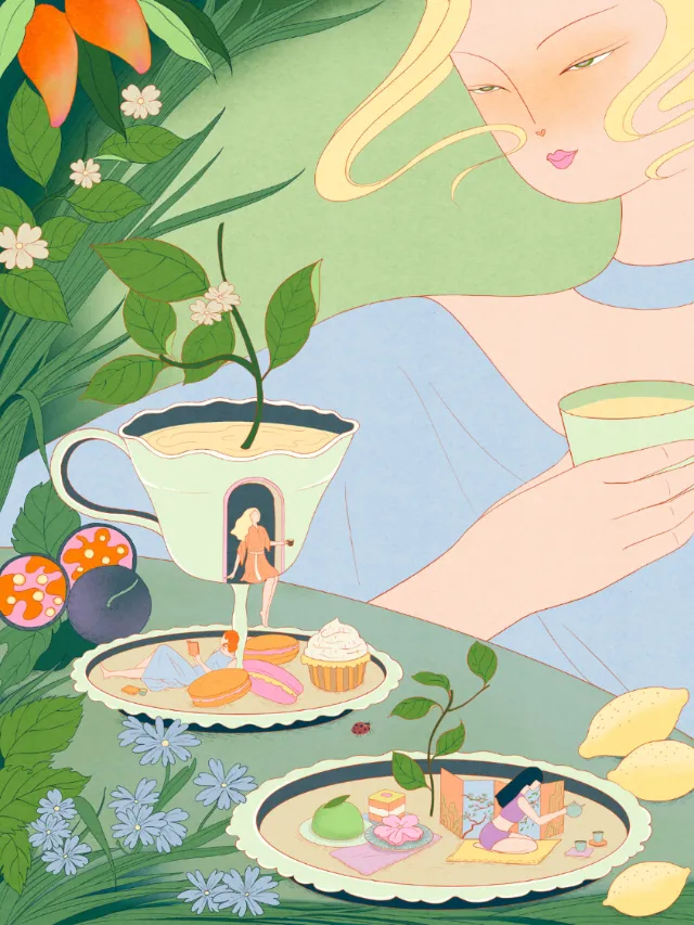 Surreal tea party with miniatures inside cup and on plate by Leah Han