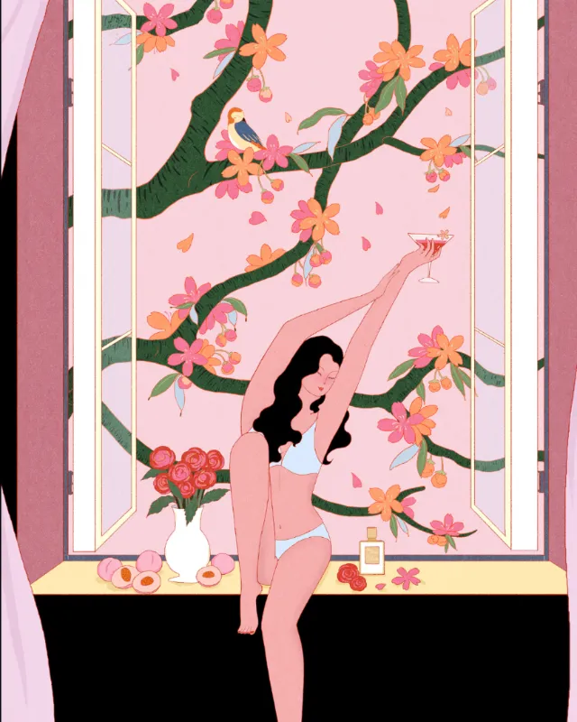 Woman in white lingerie stretching by flowered window, artwork by Leah Han