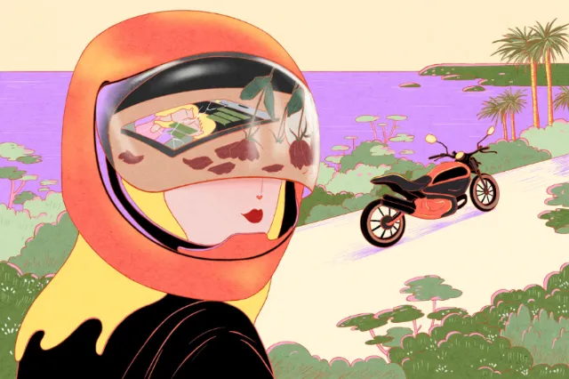 Woman in helmet reflecting tropical landscape with motorcycle on beach by Leah Han
