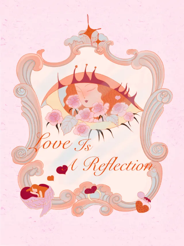 Framed illustration of an eye, flowers, and text 'Love Is A Reflection' by Leah Han