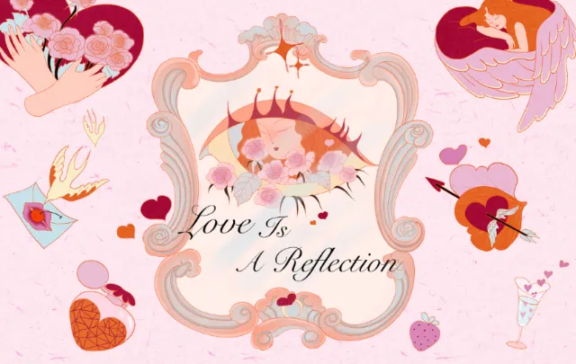 Love Is A Reflection illustration with mirror, eye, hearts, and Cupid by Leah Han