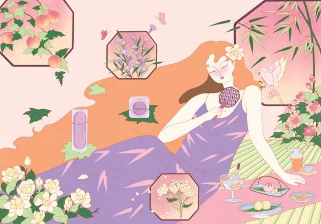 Woman reclining among flowers and snacks by Leah Han