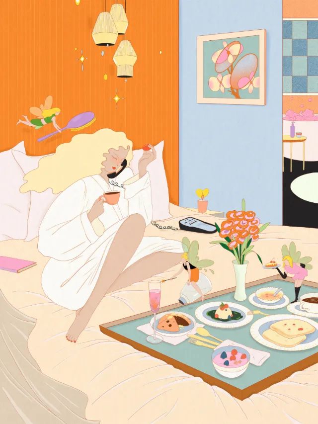 Woman having breakfast in bed with flowers and phone, artwork by Leah Han