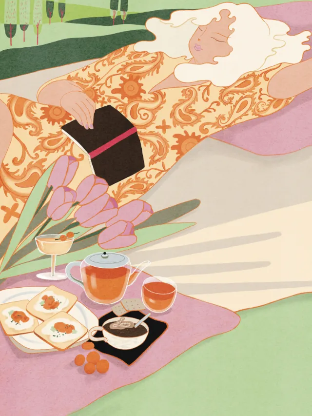 Woman reclining on blanket with flowers and tea, artwork by Leah Han