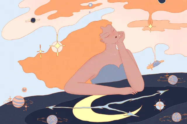 Contemplative figure surrounded by planets and stars in dreamy sky by Leah Han