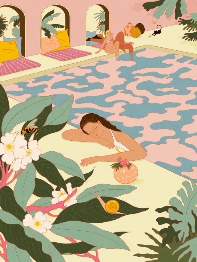 Person relaxing poolside with tropical plants by Leah Han
