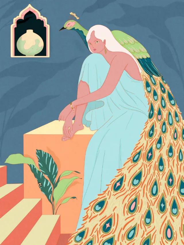 Seated woman with peafowl feathers and blue dress by Leah Han