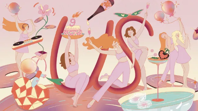 Women dancing with abstract shapes in pastel colors by Leah Han