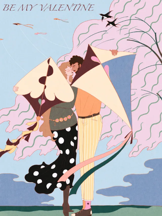 Couple flying heart-shaped kites by a pink blossoming tree by Leah Han