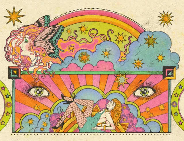 Surreal psychedelic illustration with a reclining woman, eyes, stars, and colorful clouds by Lydia S