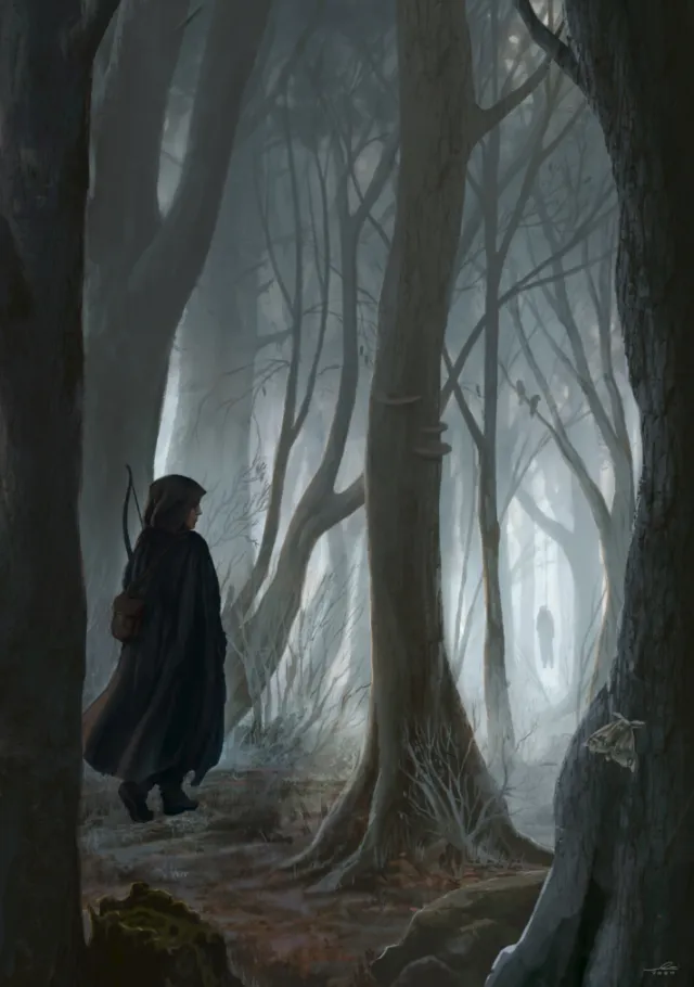 Cloaked figure standing in a foggy, dense forest by Emmeli Markegård