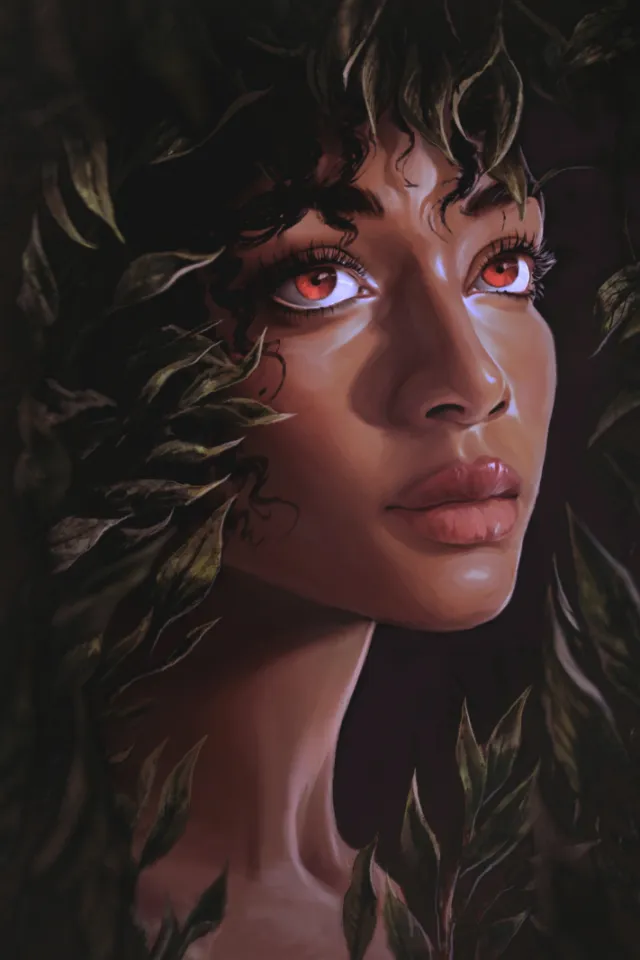 Digital portrait of a woman with red eyes and curly hair by Emmeli Markegård