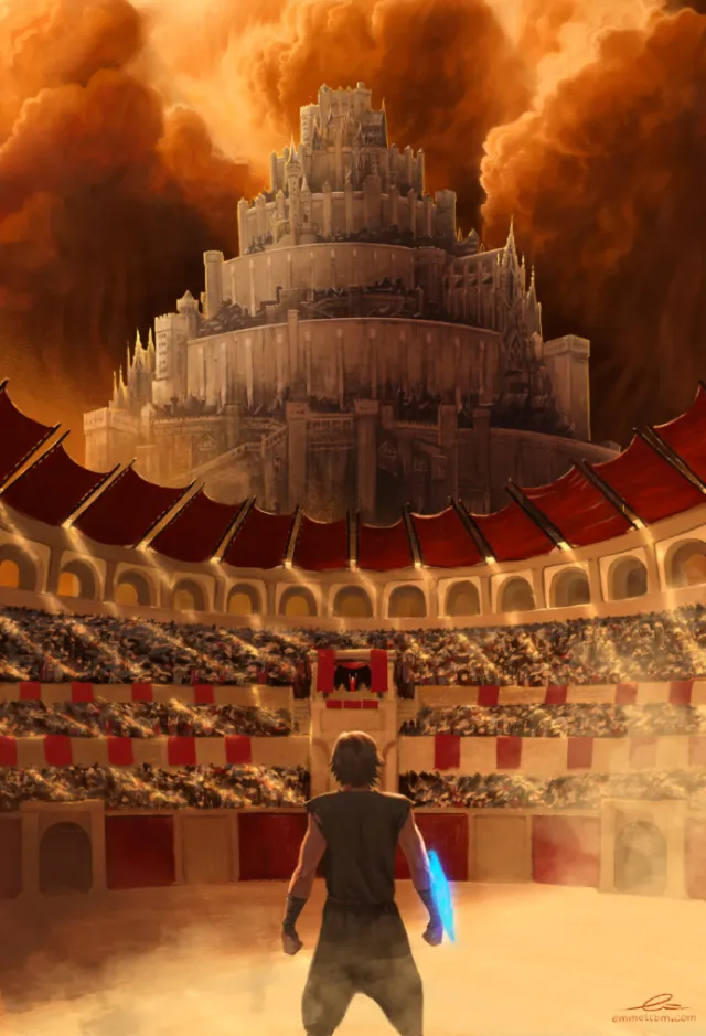 Arena with a figure holding a glowing blue sword, dramatic sky, by Emmeli Markegård