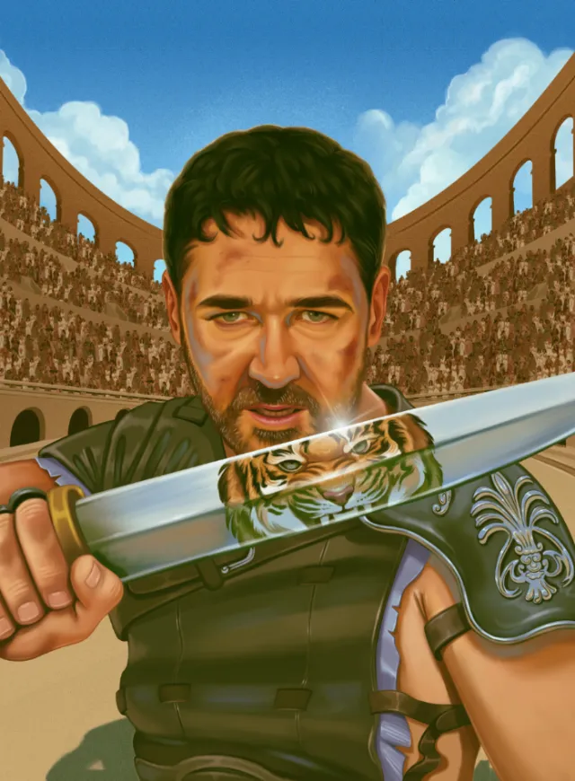 Illustrated Gladiator-inspired poster with warrior holding sword, by German Gonzalez