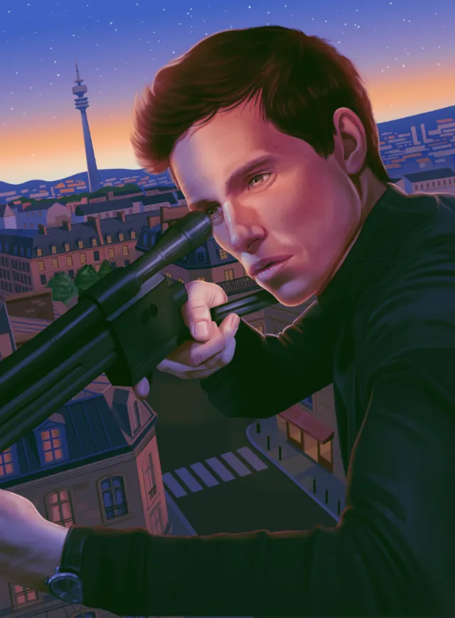 Man aiming sniper rifle over cityscape at dusk by German Gonzalez