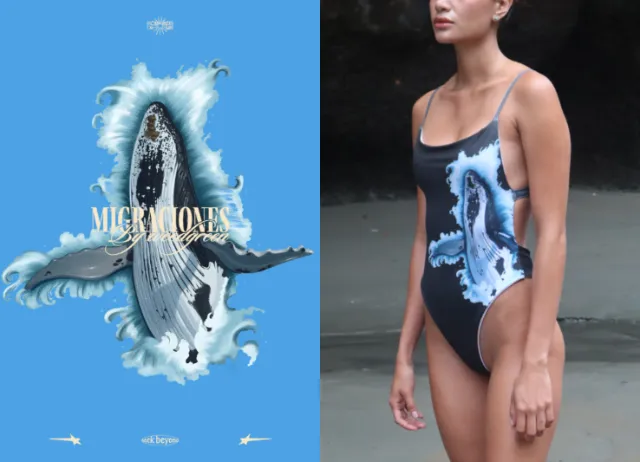 Whale swimming artwork on swimsuit by German Gonzalez
