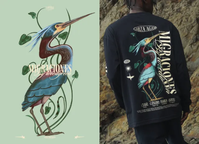 Detailed Agami Heron illustration with botanical elements by German Gonzalez