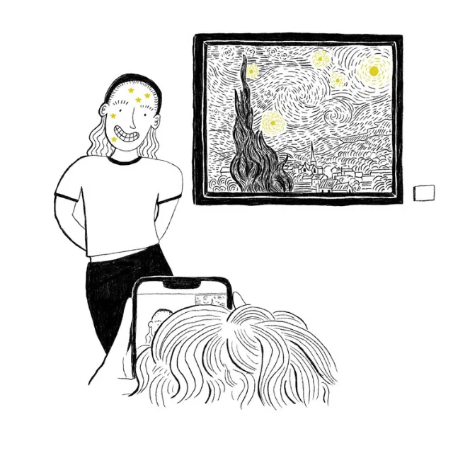 Illustration of person photographing someone near Starry Night painting by Ollie Wootton