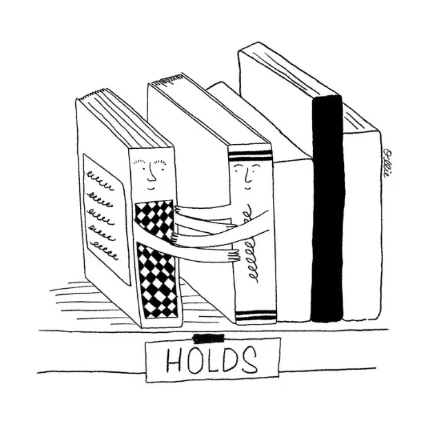 Illustration of books with faces hugging each other, drawing by Ollie Wootton