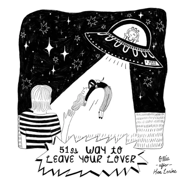 Black and white drawing of alien abduction with person floating to UFO by Ollie Wootton