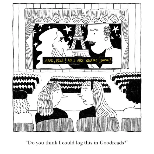 Black and white comic of two people in theater with Eiffel Tower scene, artist Ollie Wootton