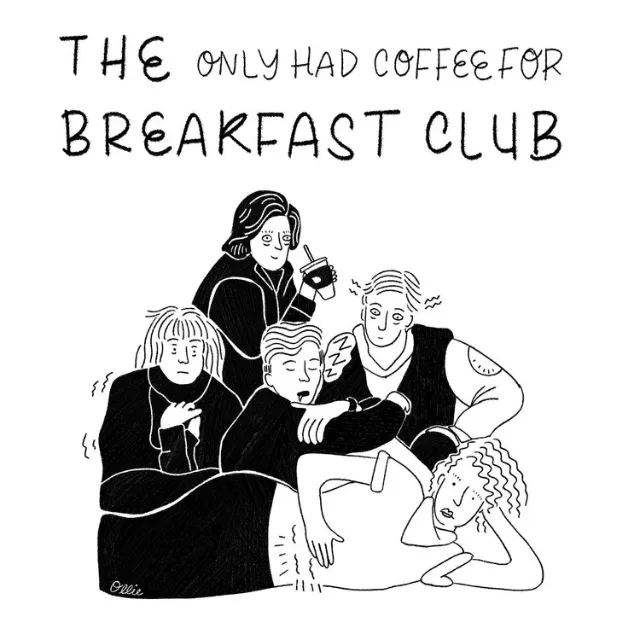 Black and white drawing of five people with text about coffee for breakfast by Ollie Wootton