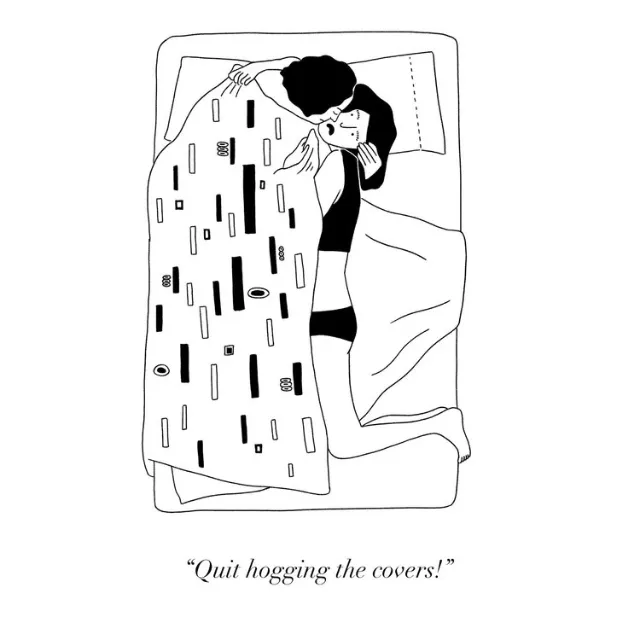Black and white illustration of a couple struggling over covers by Ollie Wootton