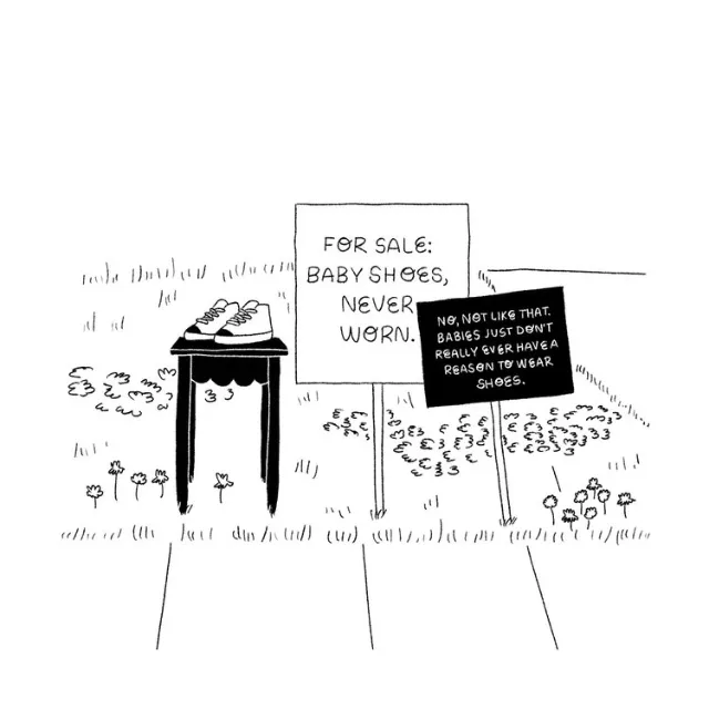 Cartoon showing baby shoes and funny for sale signs by Ollie Wootton
