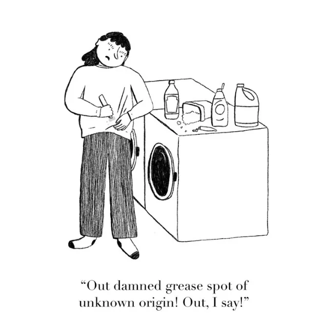 Illustration of person trying to clean grease spot, by Ollie Wootton