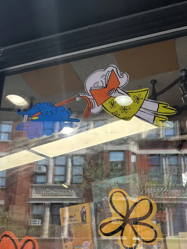 Cartoon woman flying holding a blue dog by Ollie Wootton