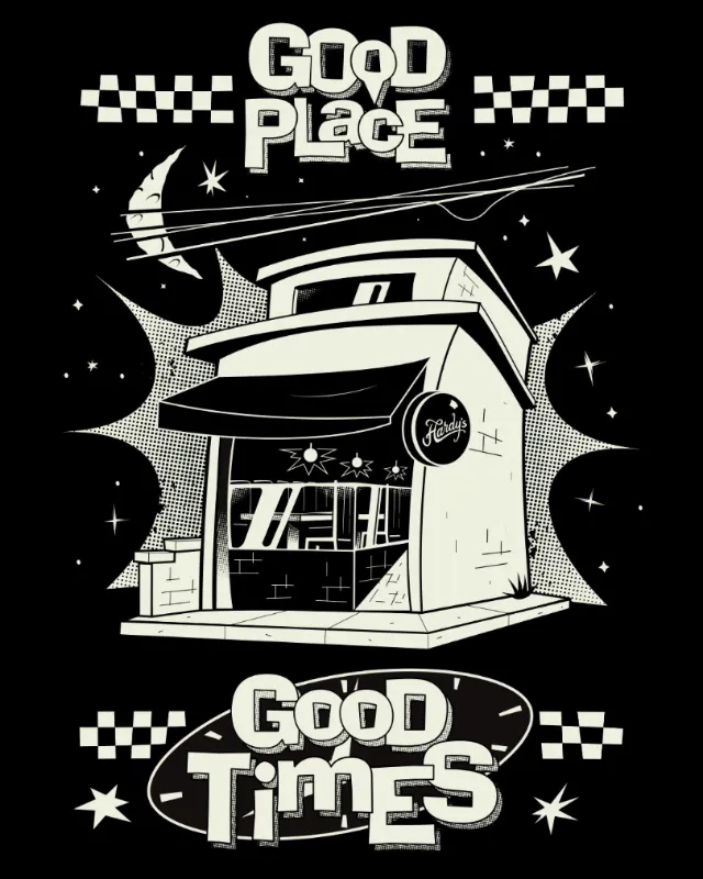 Black and white illustration of a shop with text 'Good Place Good Times' by Mau Cardoso